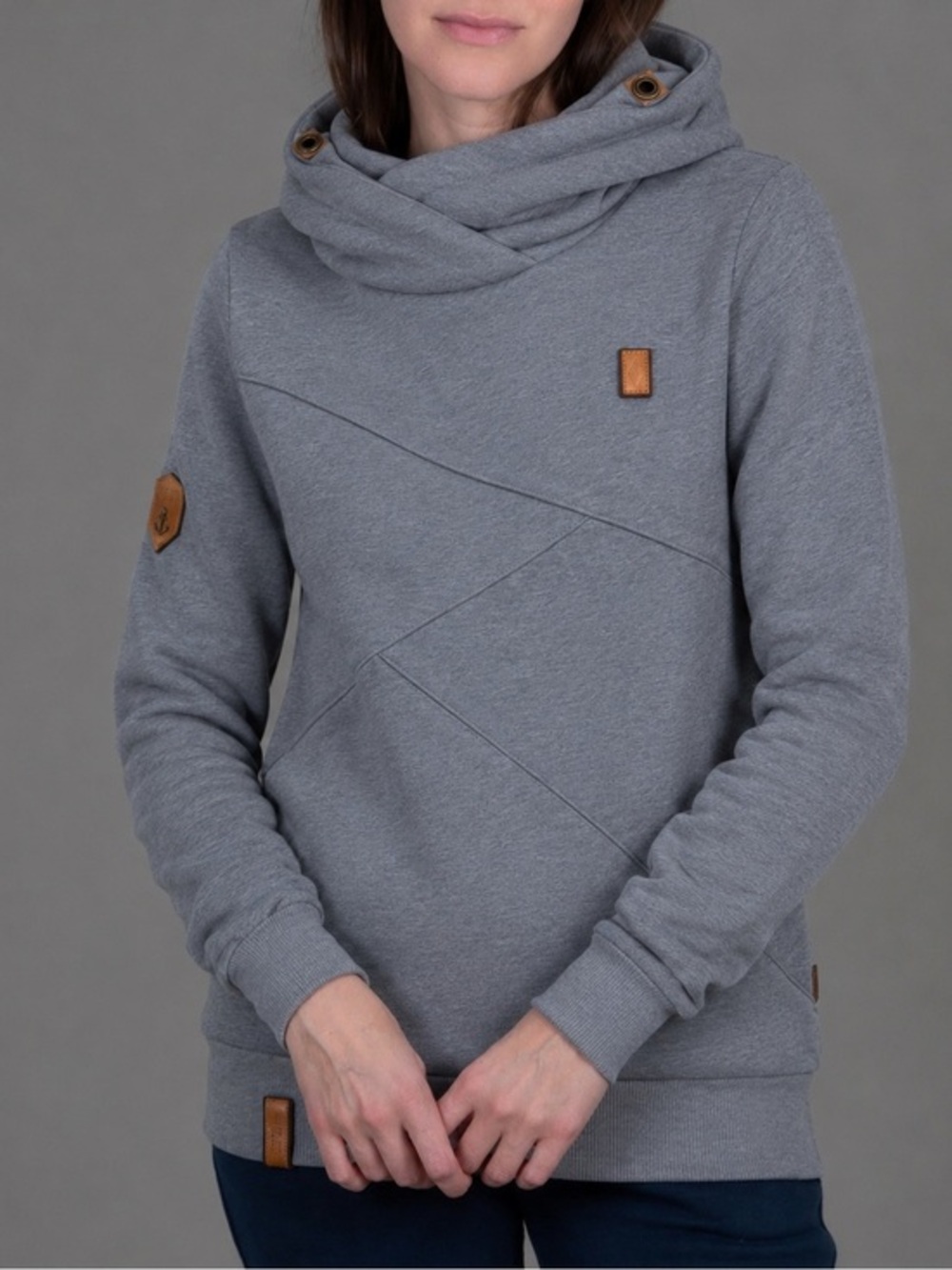 Naketano Hoodie Women’s XL Blue Cowl Neck Pullover Hooded Pockets Lined Logo